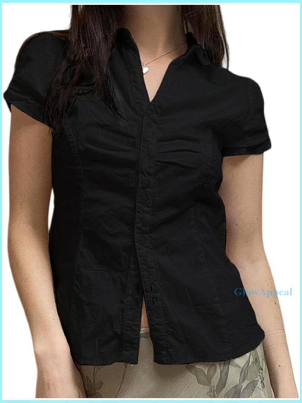 Short Sleeve V-Neck Cropped Blouse Slim Fit Button Down Top Preppy Coquette